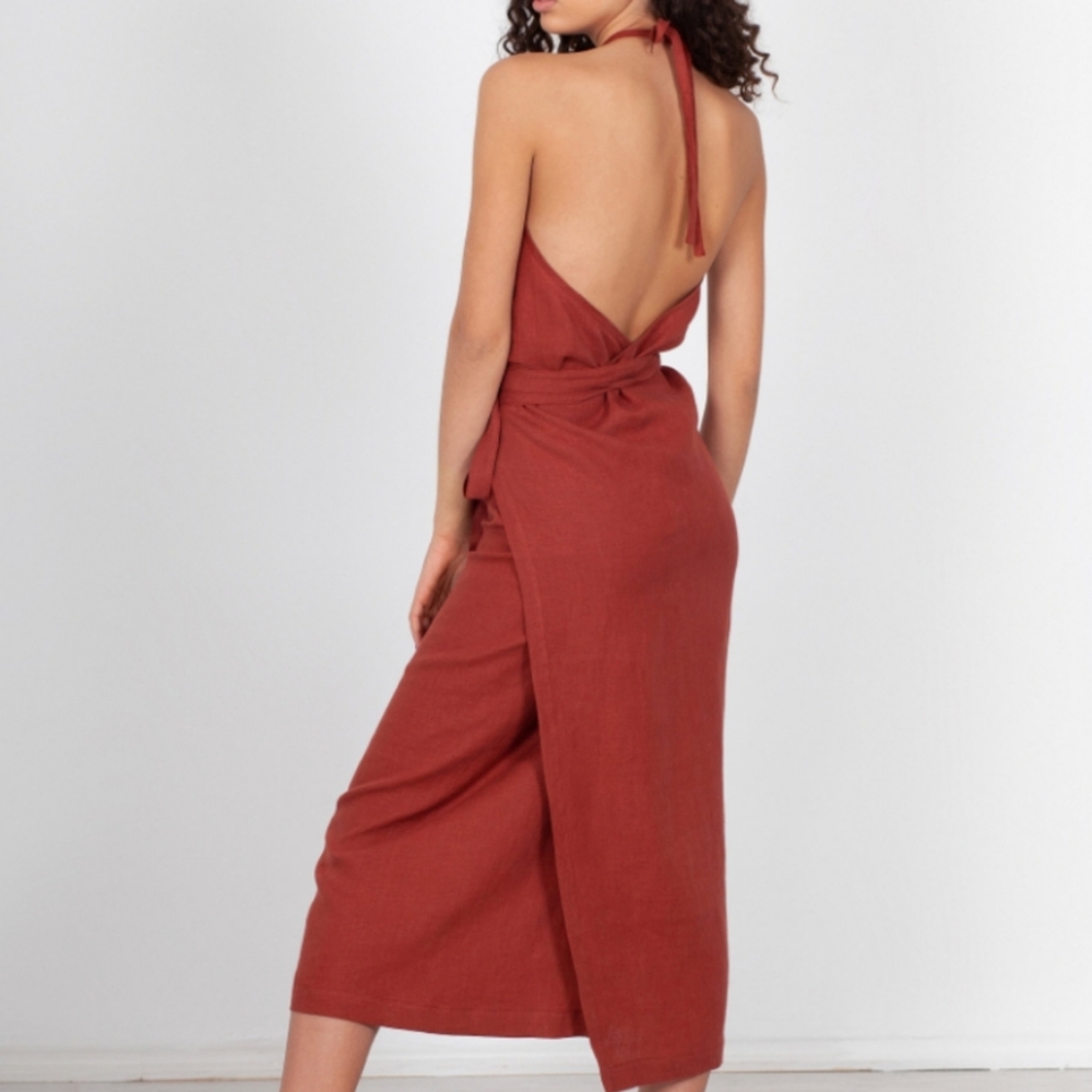 Linen Wrap Apron Dress in Terracotta